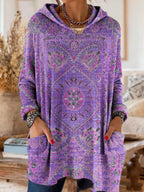 Bohemian Print Hooded Tunic Top with Relaxed Fit and Long Sleeves