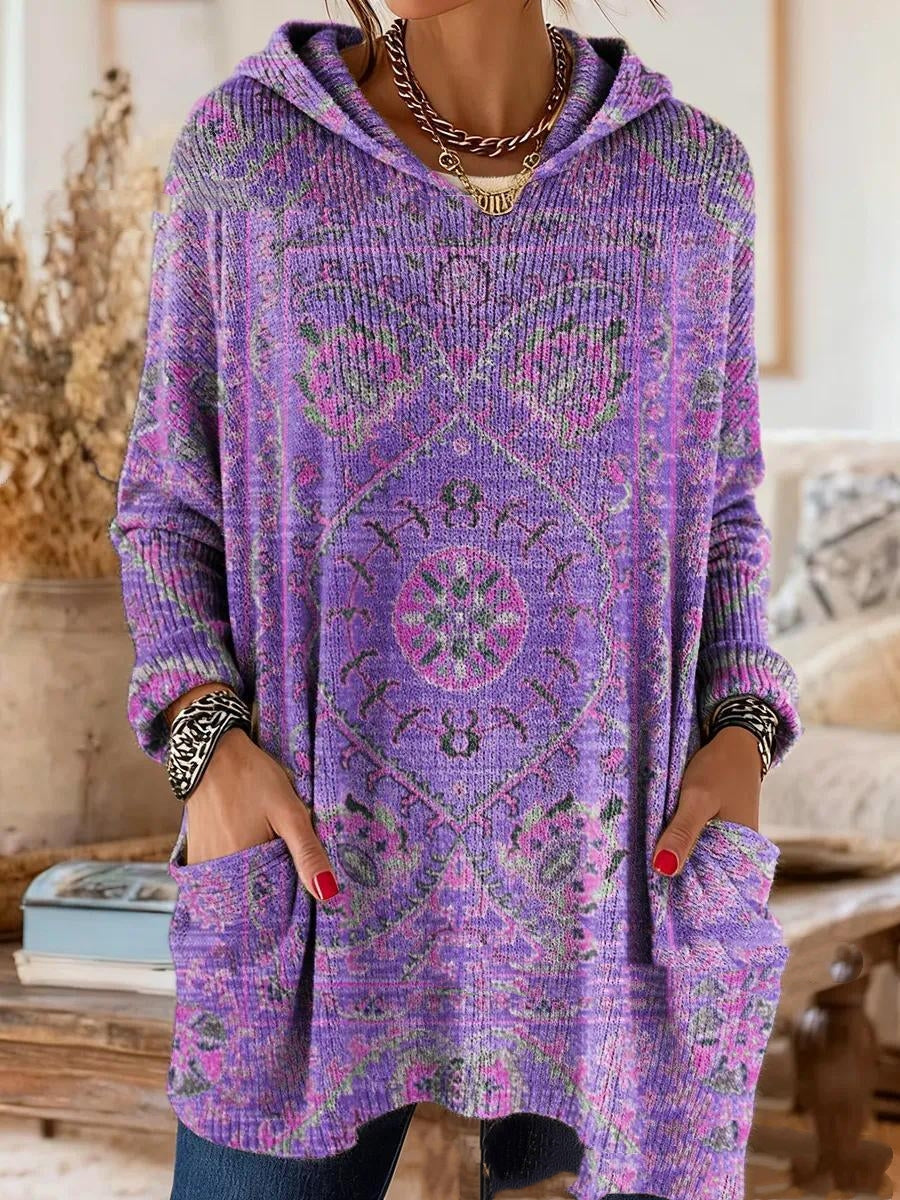 Bohemian Print Hooded Tunic Top with Relaxed Fit and Long Sleeves