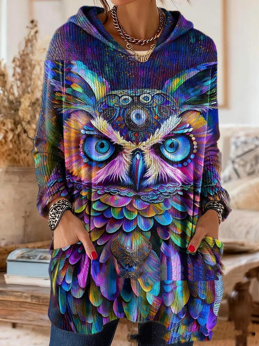 Bohemian Print Hooded Tunic Top with Relaxed Fit and Long Sleeves