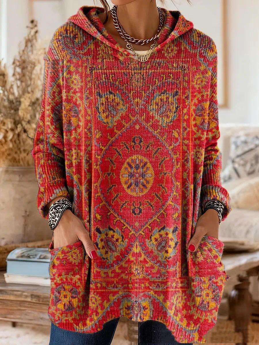 Bohemian Print Hooded Tunic Top with Relaxed Fit and Long Sleeves