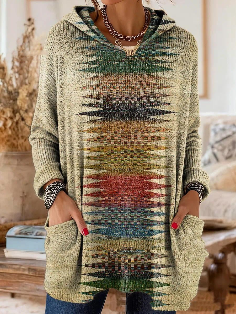 Bohemian Print Hooded Tunic Top with Relaxed Fit and Long Sleeves