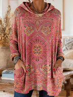 Bohemian Print Hooded Tunic Top with Relaxed Fit and Long Sleeves