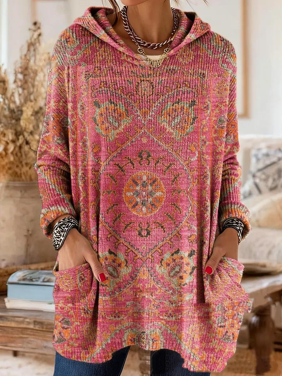 Bohemian Print Hooded Tunic Top with Relaxed Fit and Long Sleeves