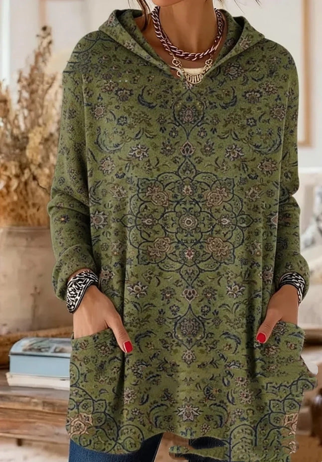 Bohemian Print Hooded Tunic Top with Relaxed Fit and Long Sleeves