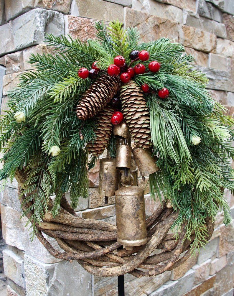 Boho Christmas wreath with bells – handmade door and wall decoration