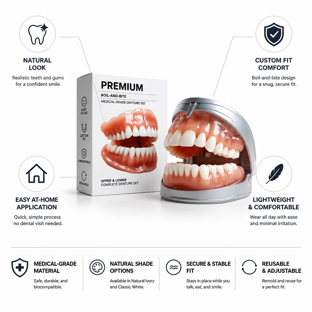 Boil-and-Bite Medical-Grade Denture Set (Upper & Lower)
