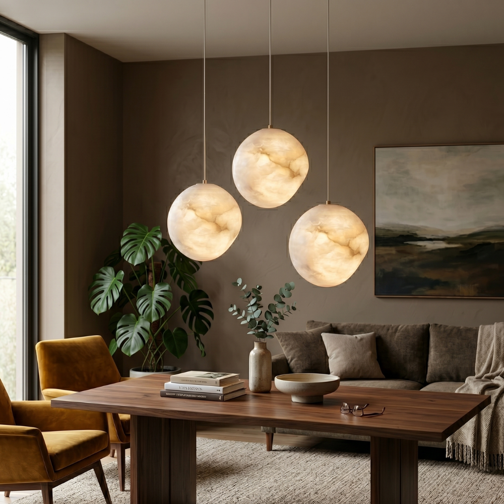 Brass Alabaster Pendant Light with Adjustable Height