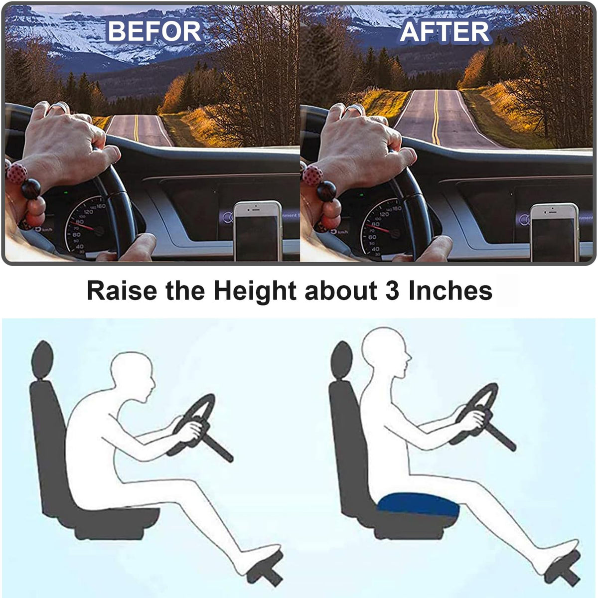 Car Cushion Height Increase – Ergonomic Seat Booster Cushion with Memory Foam | Boneroshop