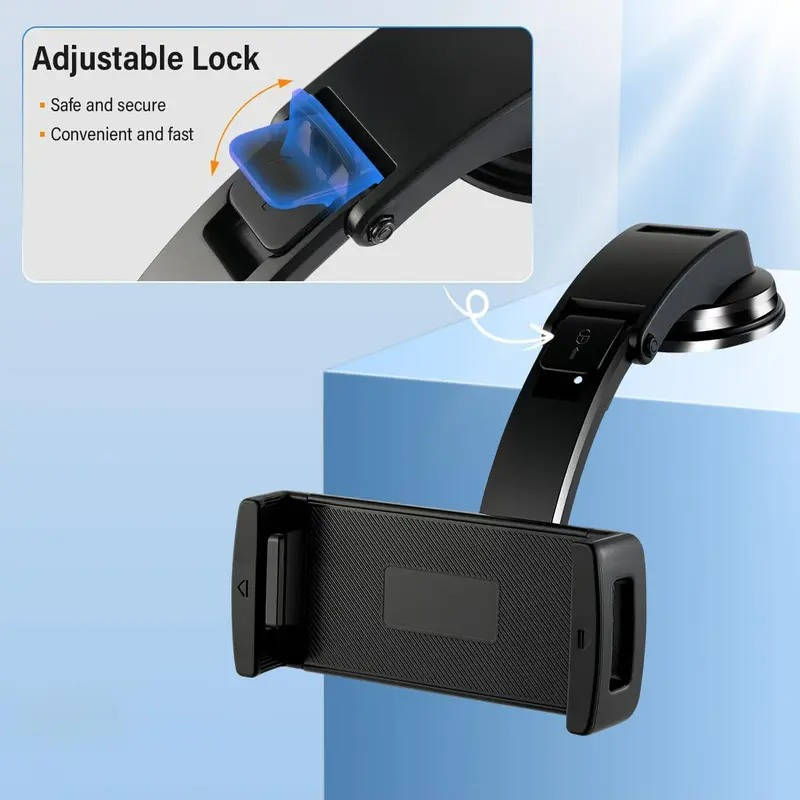 Car Tablet Mount, Dashboard Suction Holder, 360° Rotating Adjustable Arm