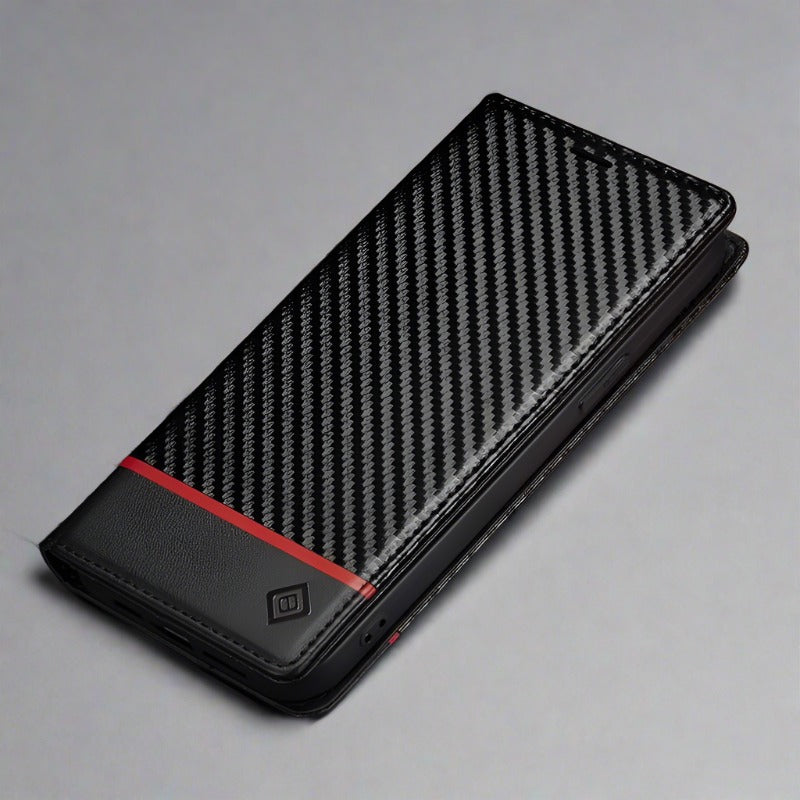 Carbon Fibre Flip Wallet Case for Samsung S23 with Magnetic Closure