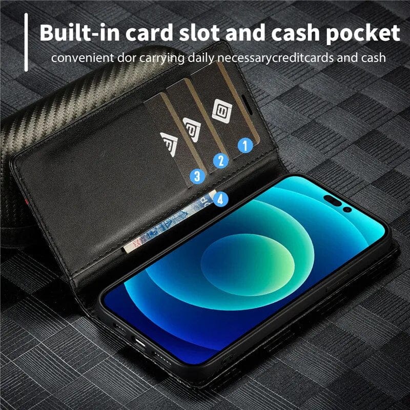 Carbon Fibre Flip Wallet Case for Samsung S23 with Magnetic Closure