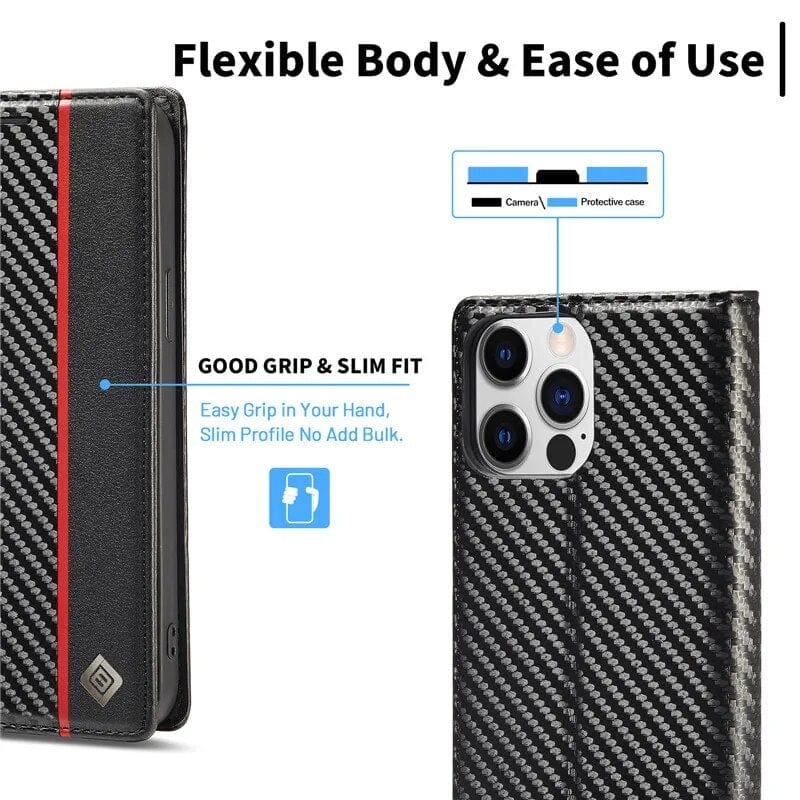 Carbon Fibre Flip Wallet Case for Samsung S23 with Magnetic Closure