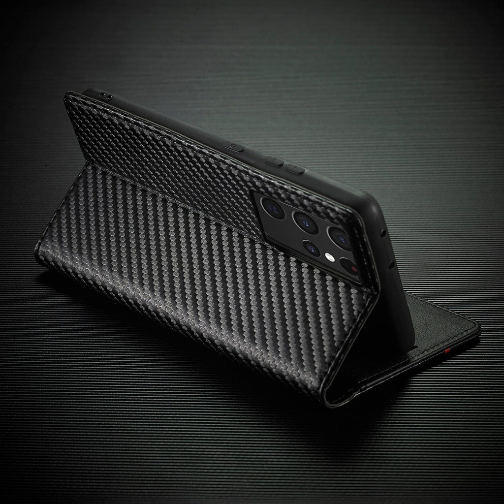 Carbon Fibre Flip Wallet Case for Samsung S23 with Magnetic Closure