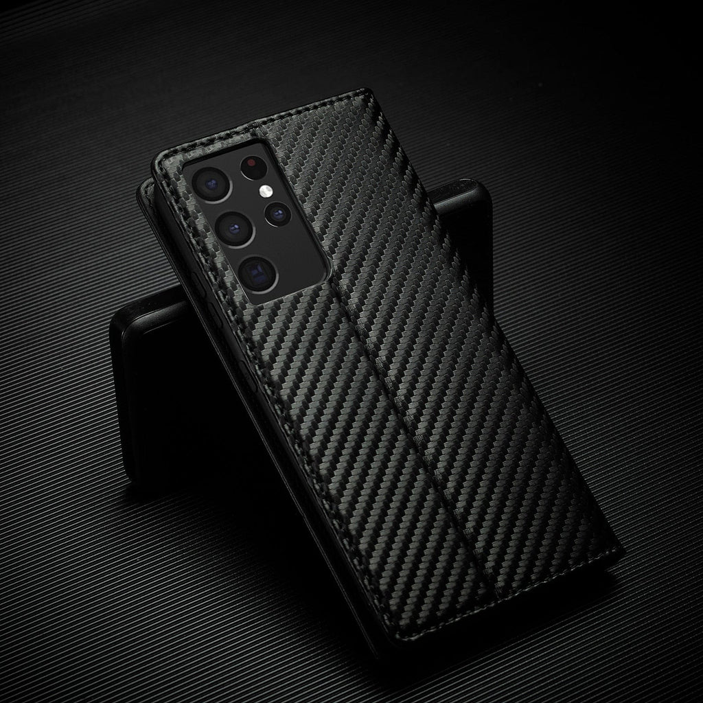 Carbon Fibre Flip Wallet Case for Samsung S23 with Magnetic Closure
