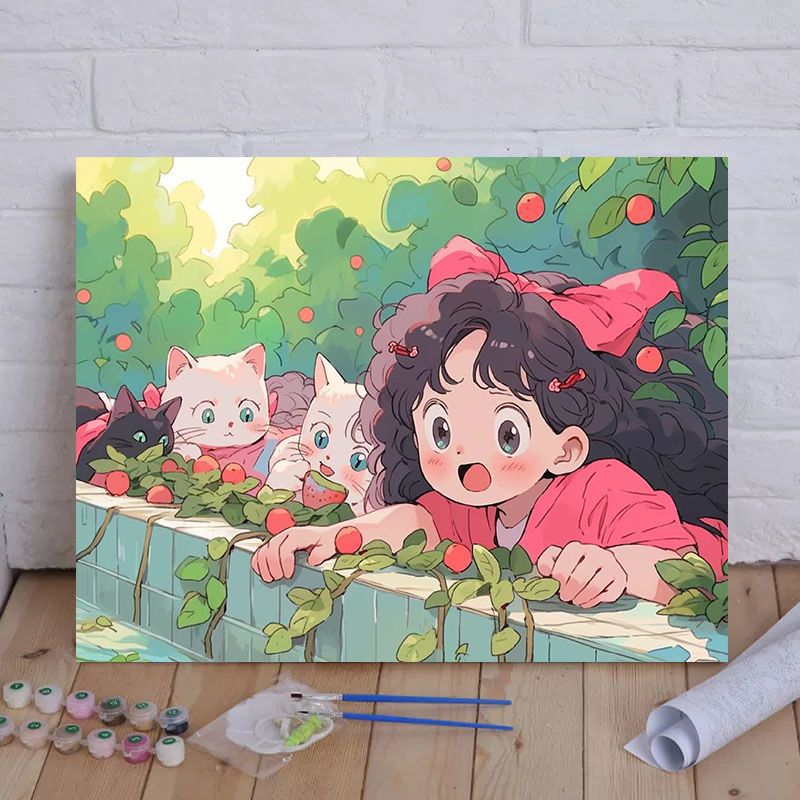 Cartoon Cat and Girl Themed Canvas Paint by Numbers Art Kit
