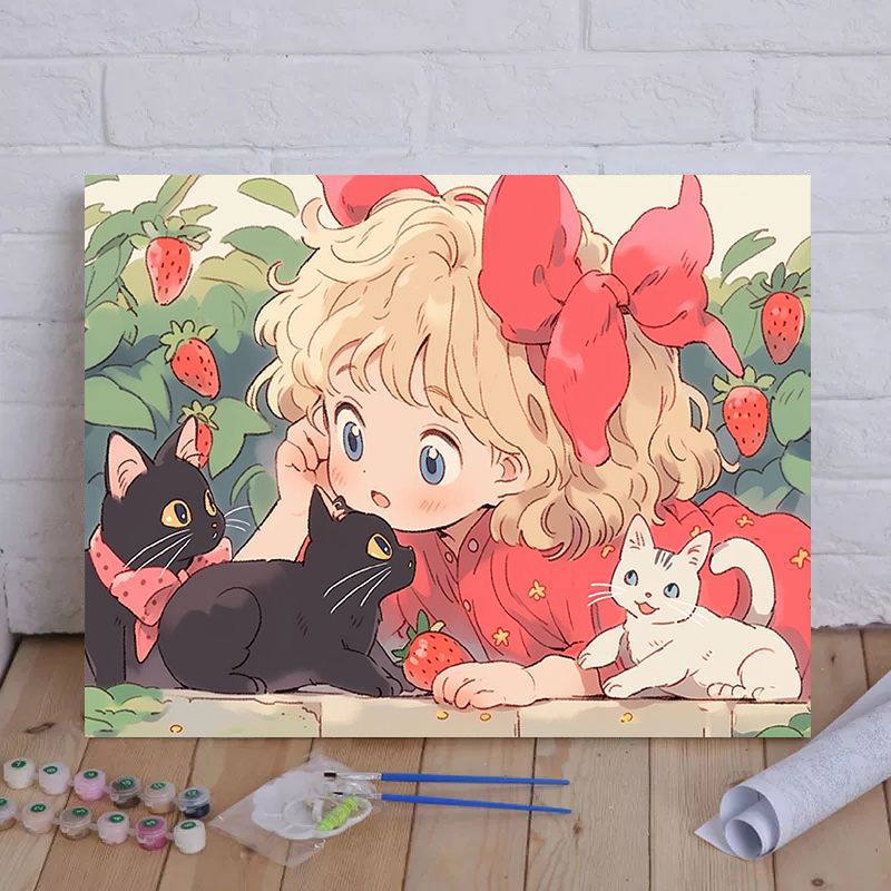 Cartoon Cat and Girl Themed Canvas Paint by Numbers Art Kit
