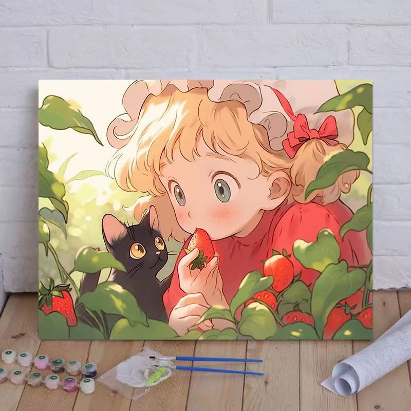 Cartoon Cat and Girl Themed Canvas Paint by Numbers Art Kit