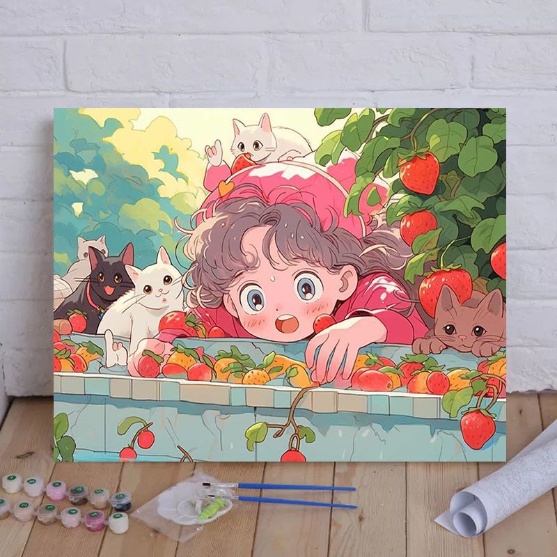 Cartoon Cat and Girl Themed Canvas Paint by Numbers Art Kit