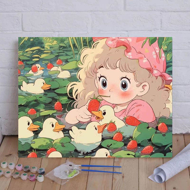 Cartoon Cat and Girl Themed Canvas Paint by Numbers Art Kit