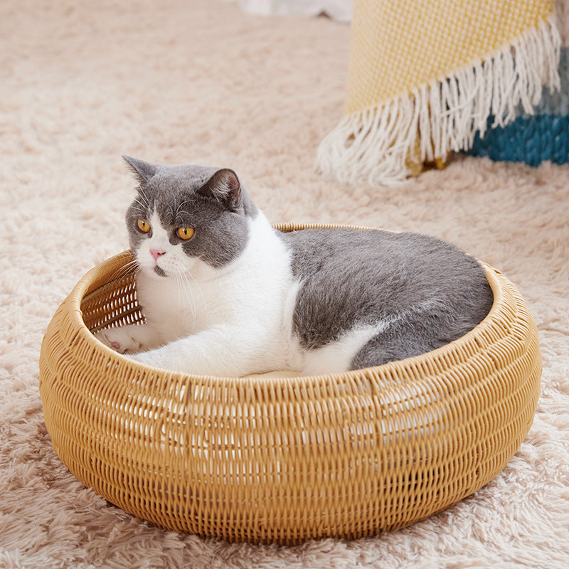 Cat Bed with Round Rattan Decoration