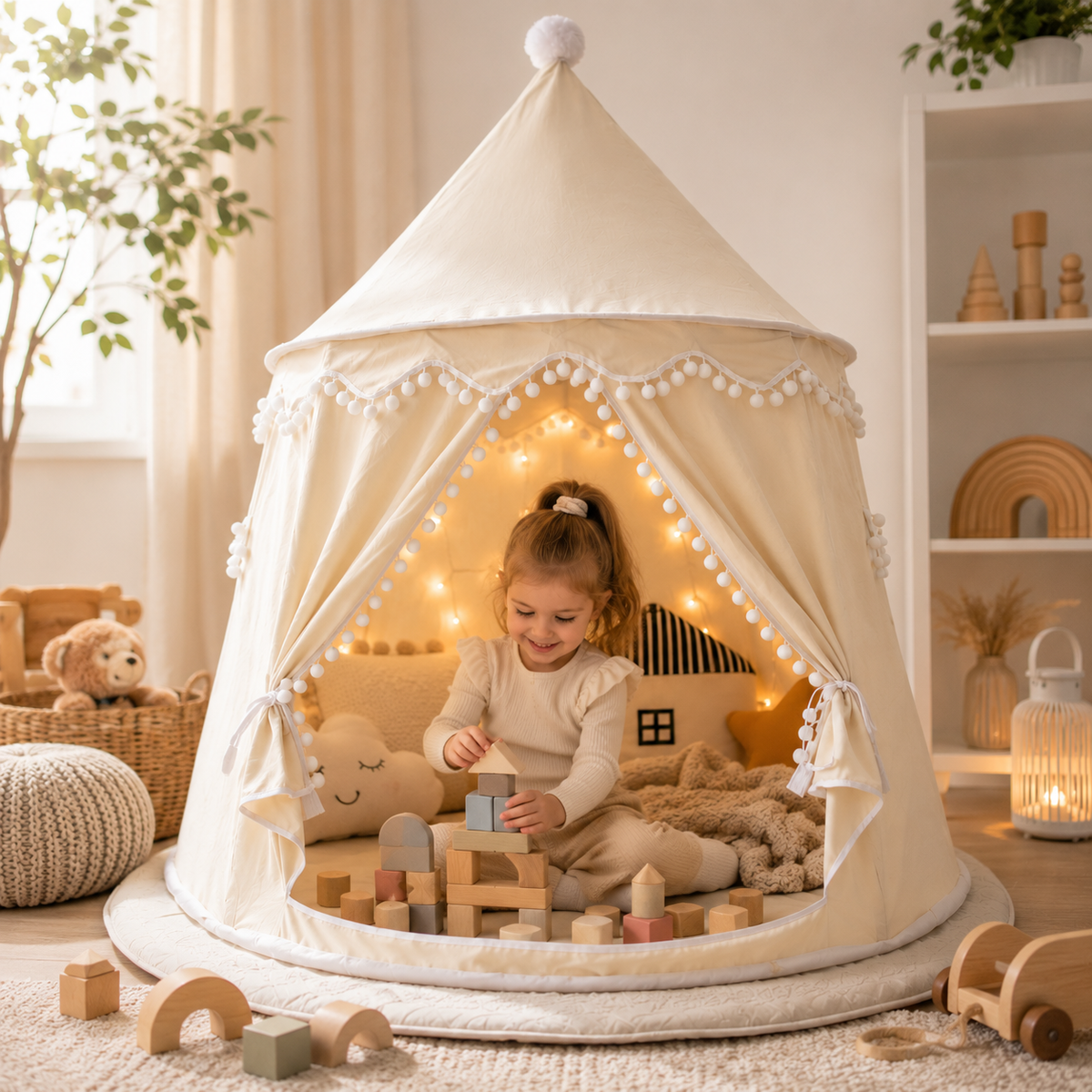Children's Canvas Play Teepee, 100% Cotton, Pine Poles, Spacious