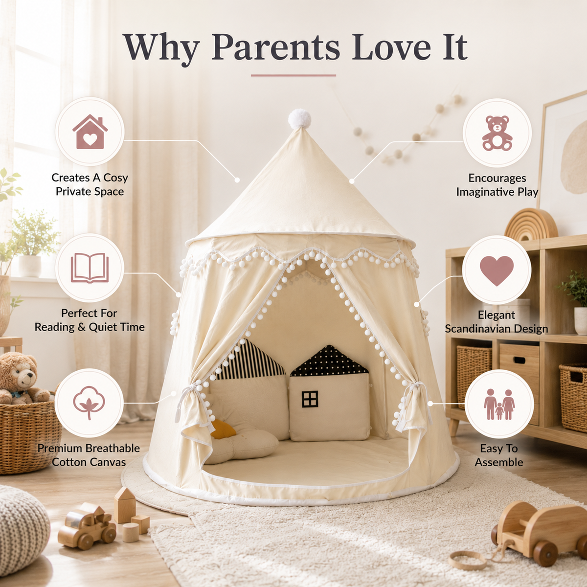 Children's Canvas Play Teepee, 100% Cotton, Pine Poles, Spacious