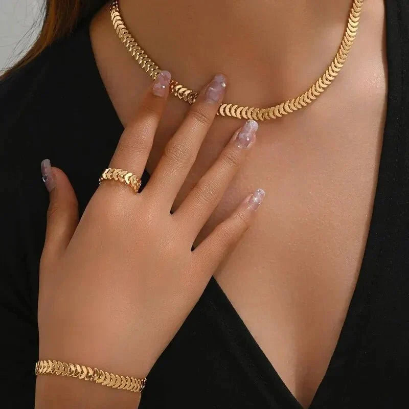 Classy Fishbone Necklace, Bracelet and Ring Set