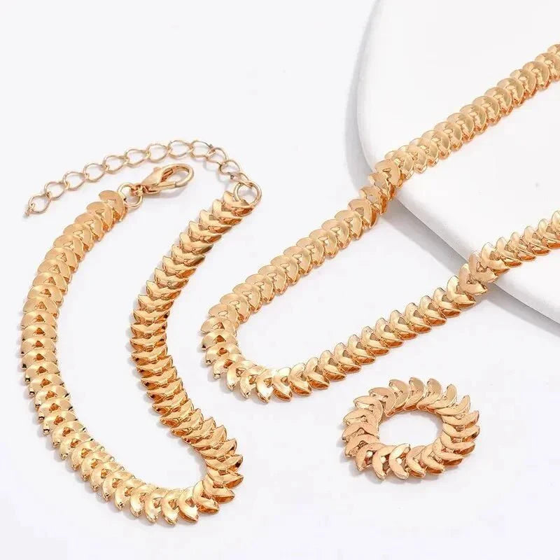 Classy Fishbone Necklace, Bracelet and Ring Set