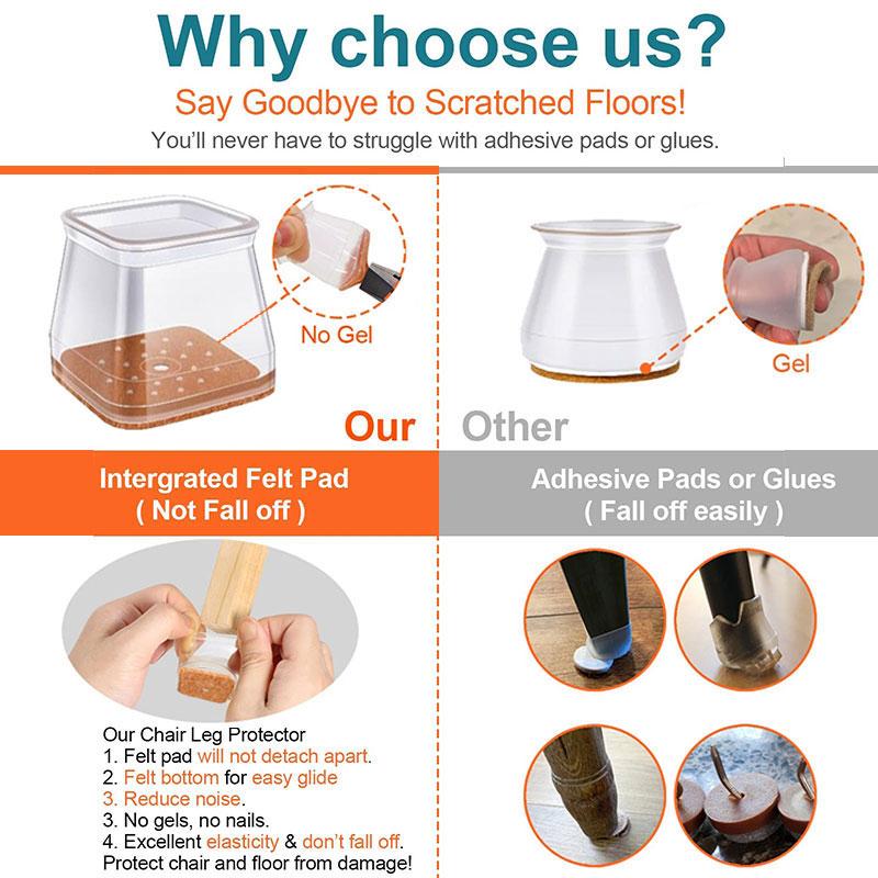 Boneroshop | Clear Silicone Chair Leg Caps with Integrated Felt Pads
