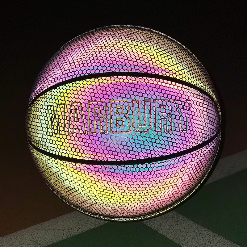 Cool luminous basketball with standard size, soft leather and moderate bounce
