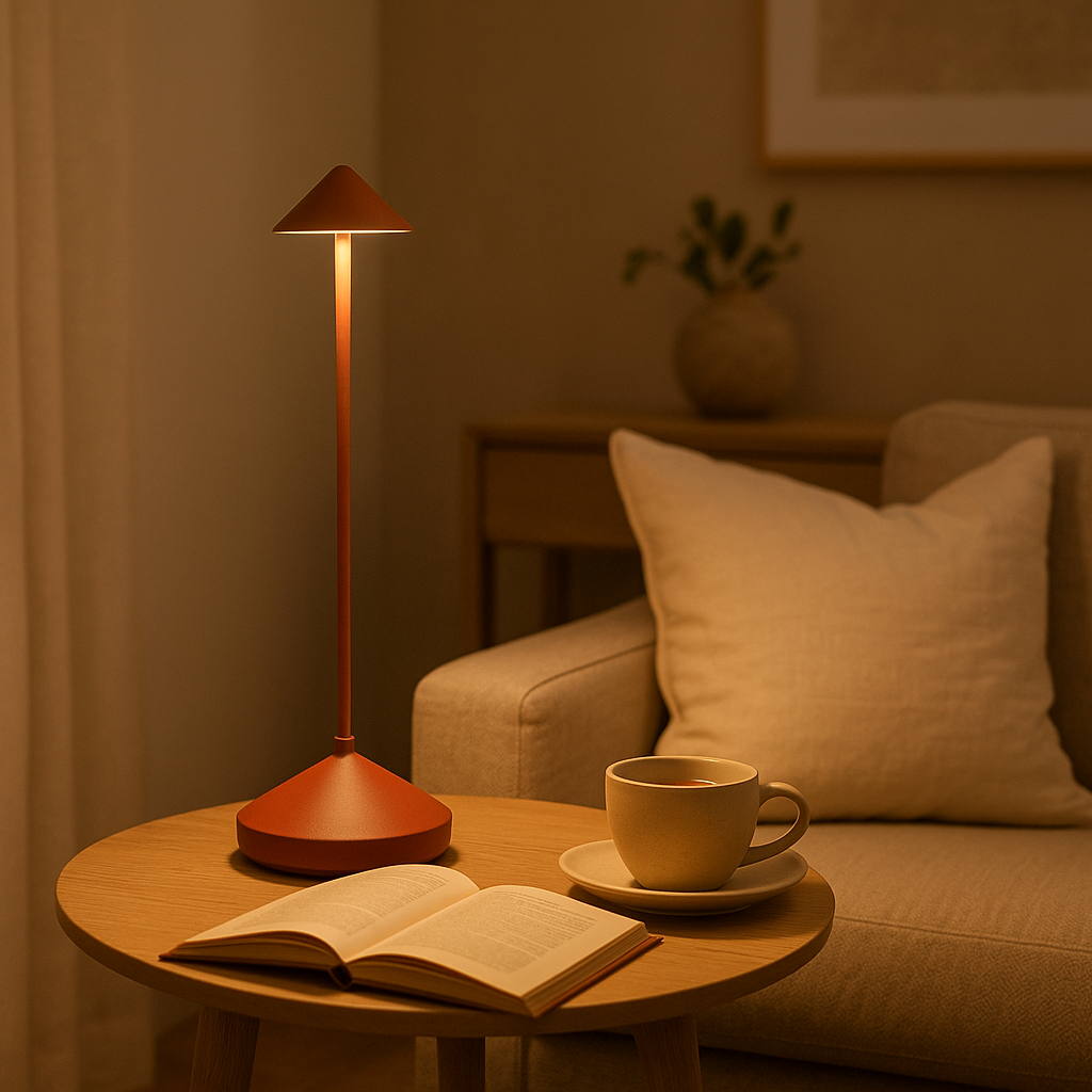 Cordless Rechargeable Table Lamp in Aluminium | Touch Dimmer, 4 Colours | Warm White LED, Indoor and Outdoor Use