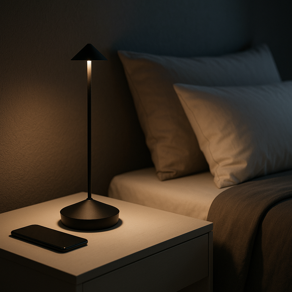 Cordless Rechargeable Table Lamp in Aluminium | Touch Dimmer, 4 Colours | Warm White LED, Indoor and Outdoor Use