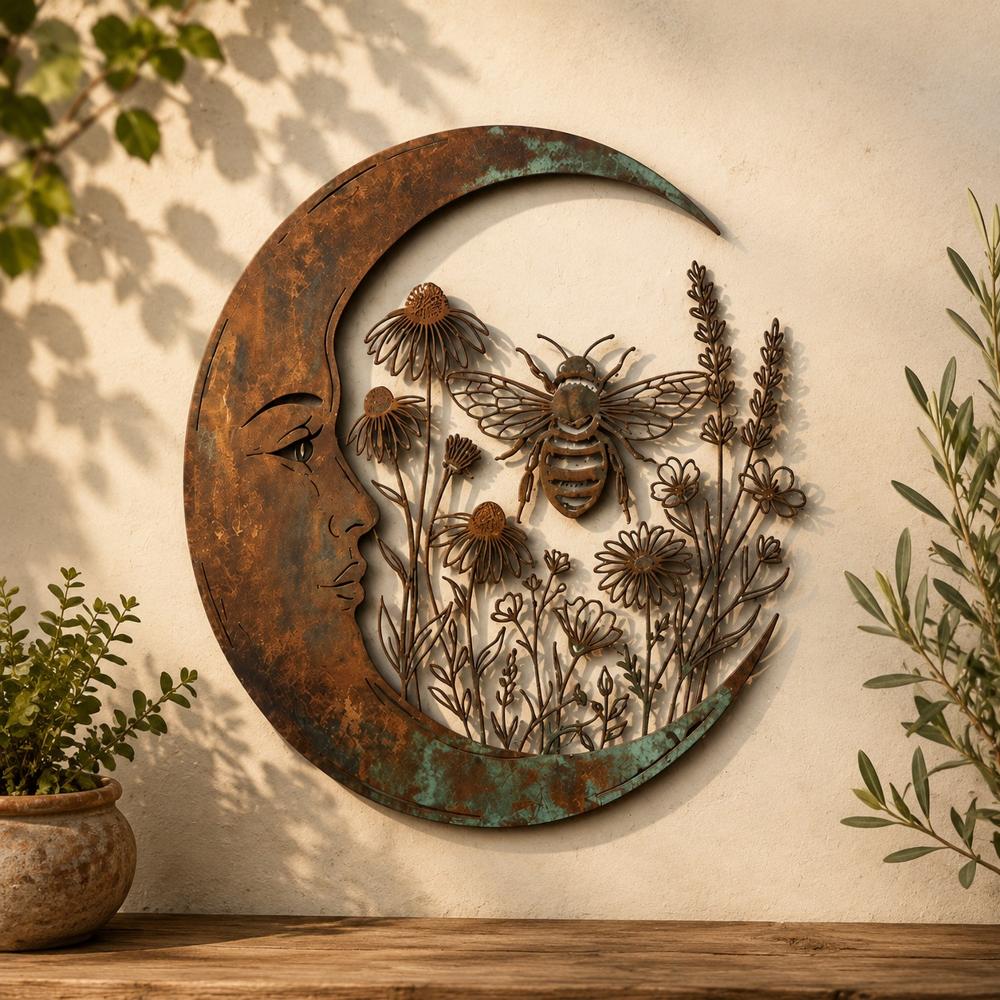 Crescent Moon Metal Wall Art with Garden Scene