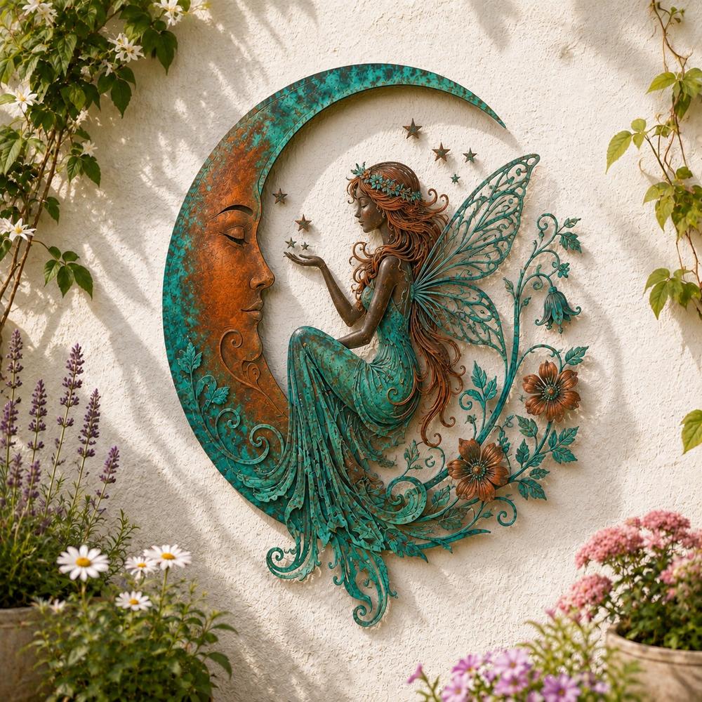 Crescent Moon Metal Wall Art with Garden Scene
