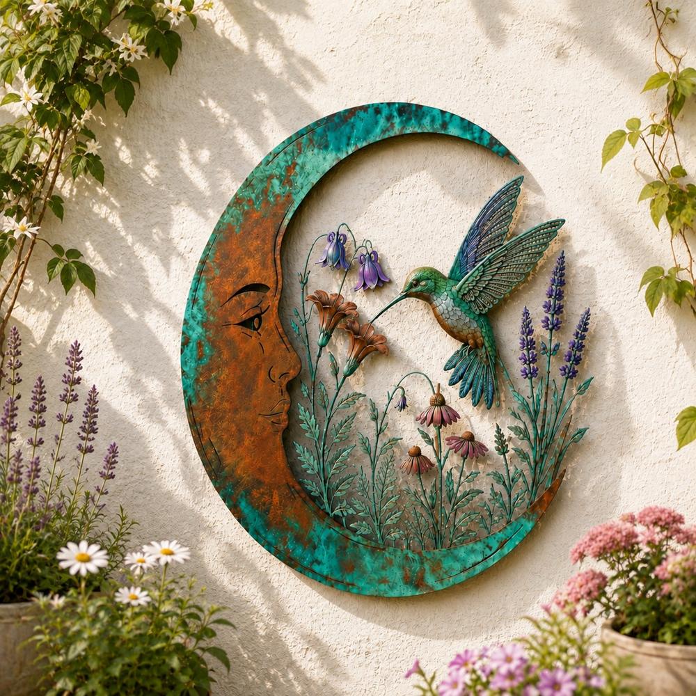 Crescent Moon Metal Wall Art with Garden Scene