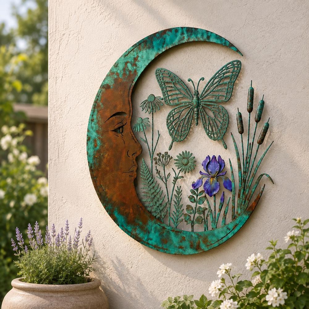 Crescent Moon Metal Wall Art with Garden Scene