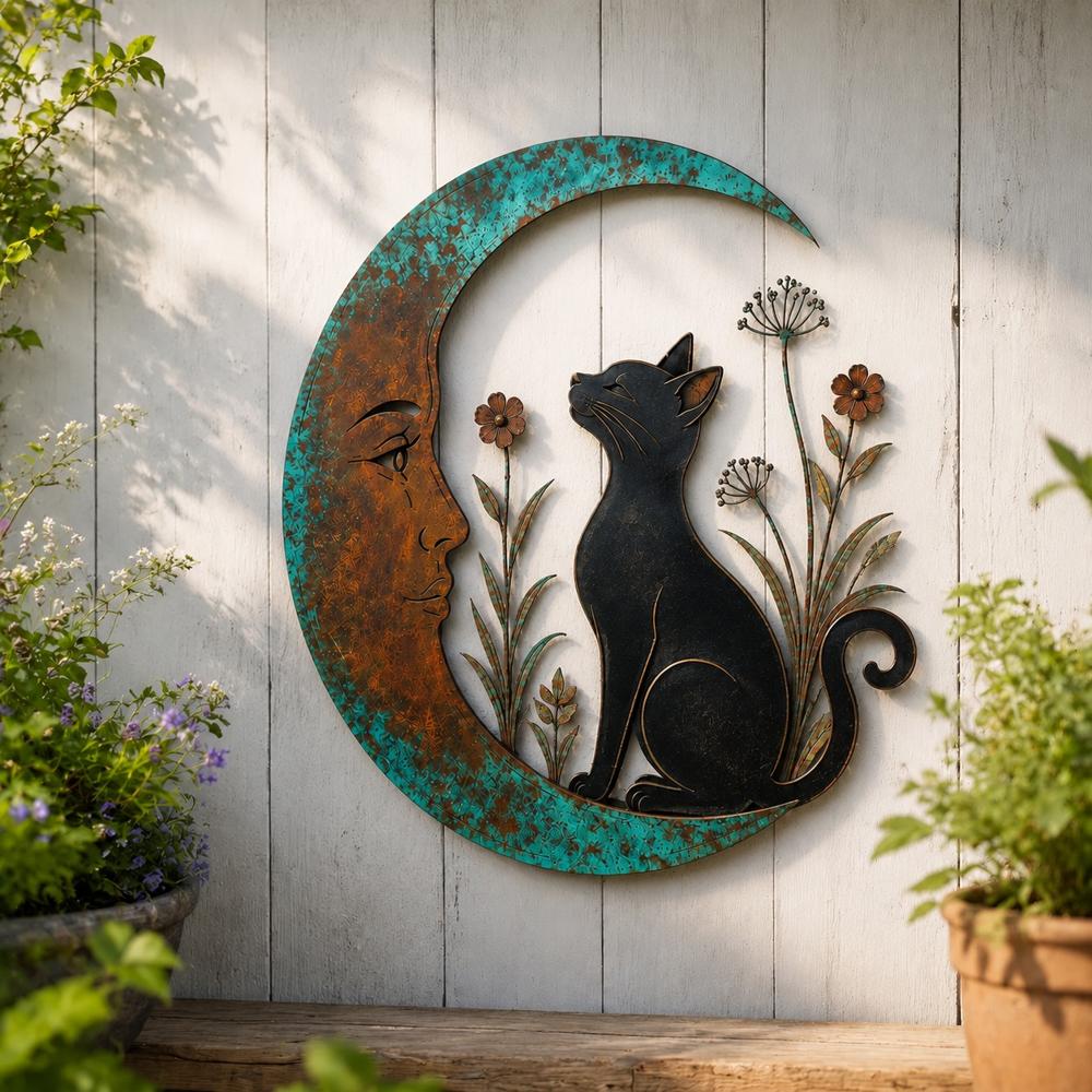 Crescent Moon Metal Wall Art with Garden Scene