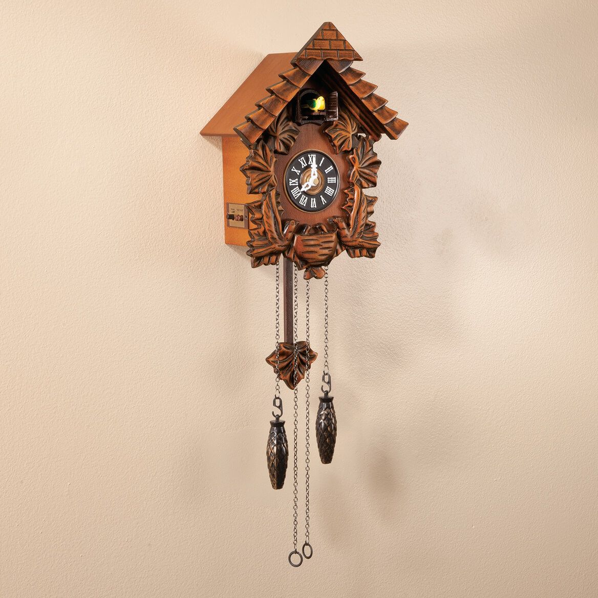 Cuckoo Clock Solid Wood 28 x 22 x 14 cm | Bird Call Chime, Adjustable Volume | Silent Night Mode, Wall Hanging Hook