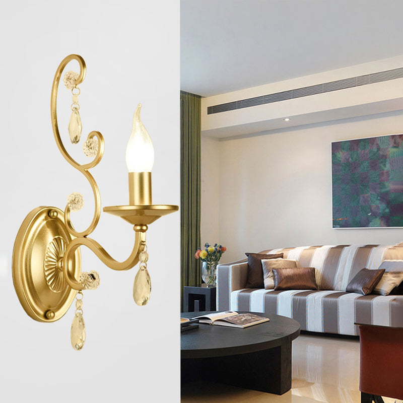 Curved Arm Wall Light Contemporary Crystal 1/2-Light with Brass Finish