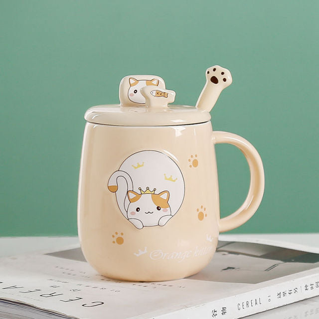 Cute Cartoon Kitty Mug Set with Lid and Spoon