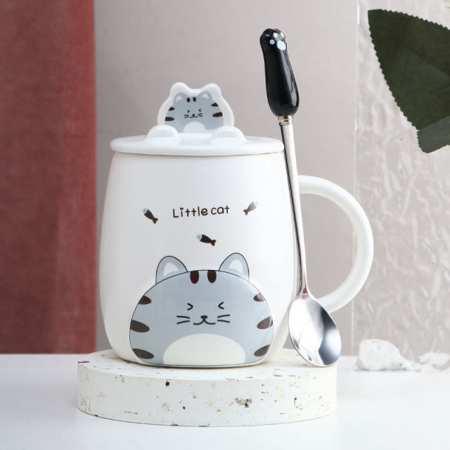 Cute Cartoon Kitty Mug Set with Lid and Spoon