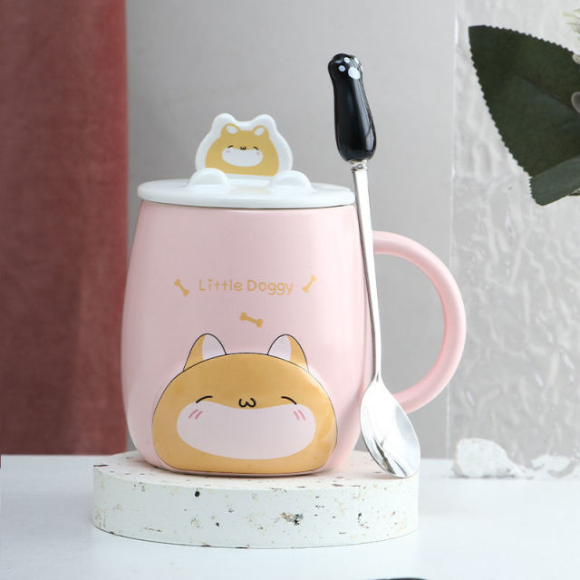 Cute Cartoon Kitty Mug Set with Lid and Spoon