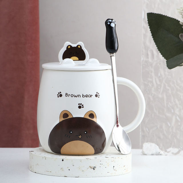 Cute Cartoon Kitty Mug Set with Lid and Spoon