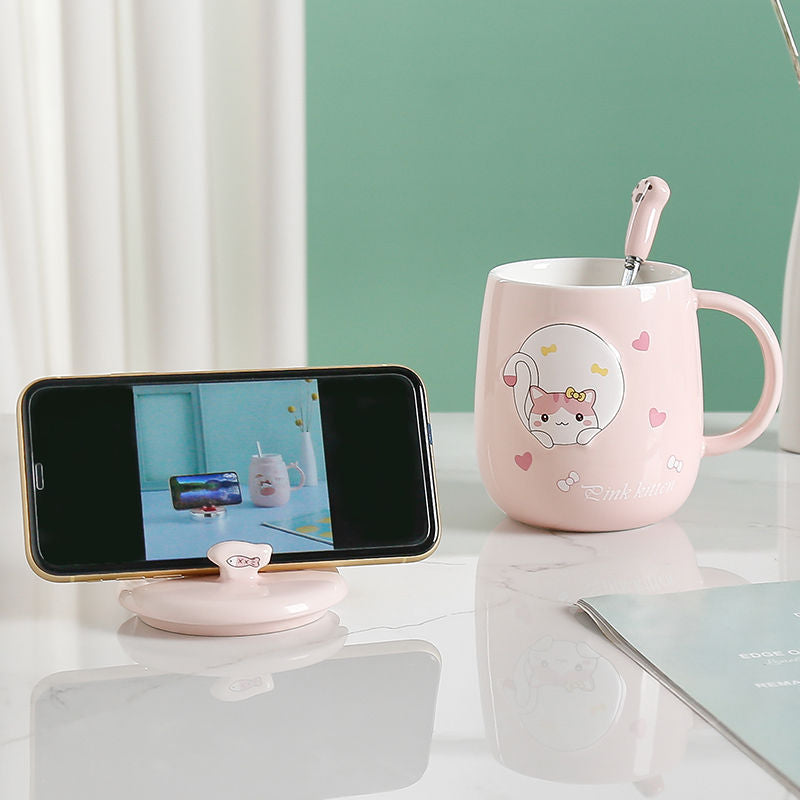 Cute Cartoon Kitty Mug Set with Lid and Spoon