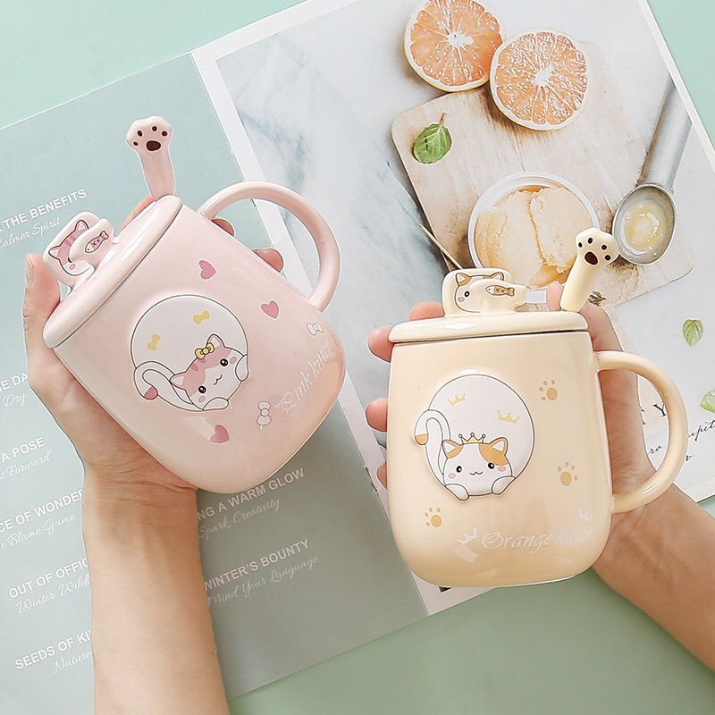 Cute Cartoon Kitty Mug Set with Lid and Spoon