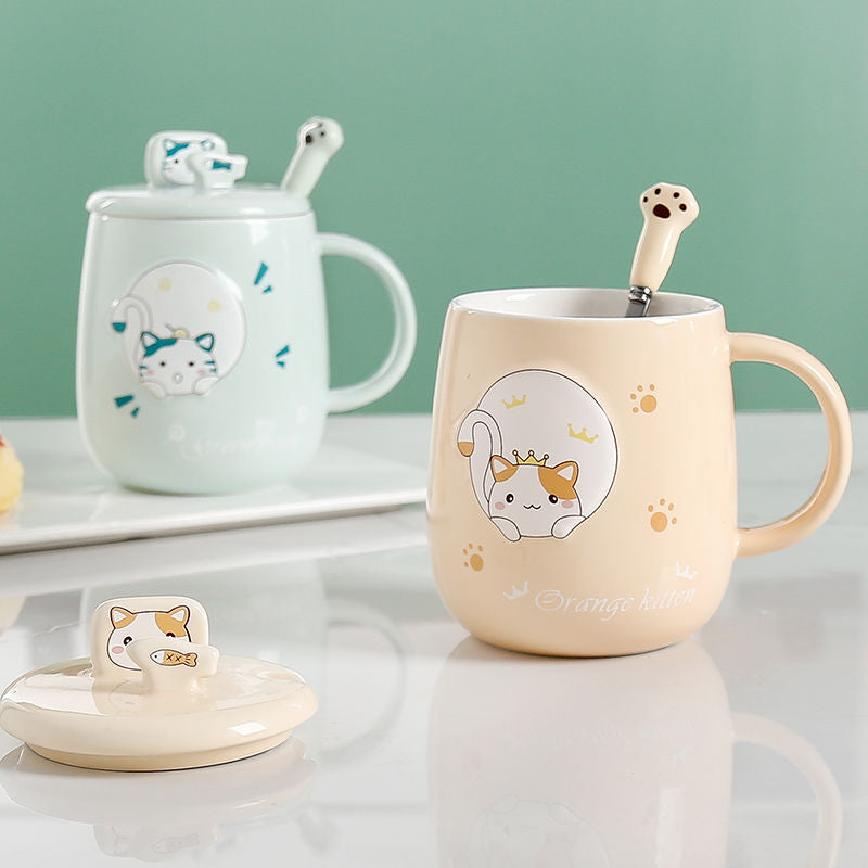 Cute Cartoon Kitty Mug Set with Lid and Spoon