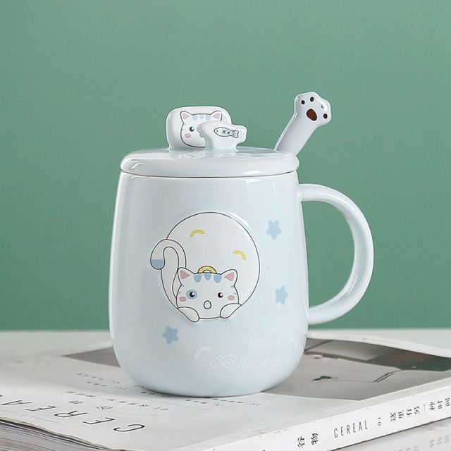 Cute Cartoon Kitty Mug Set with Lid and Spoon