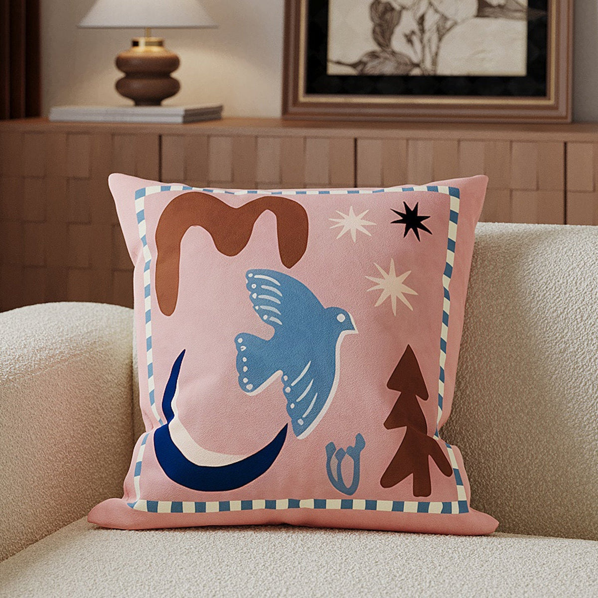 Decorative Cotton-Linen Horse-Illustration Square Throw Pillow Cover with Hidden Zip