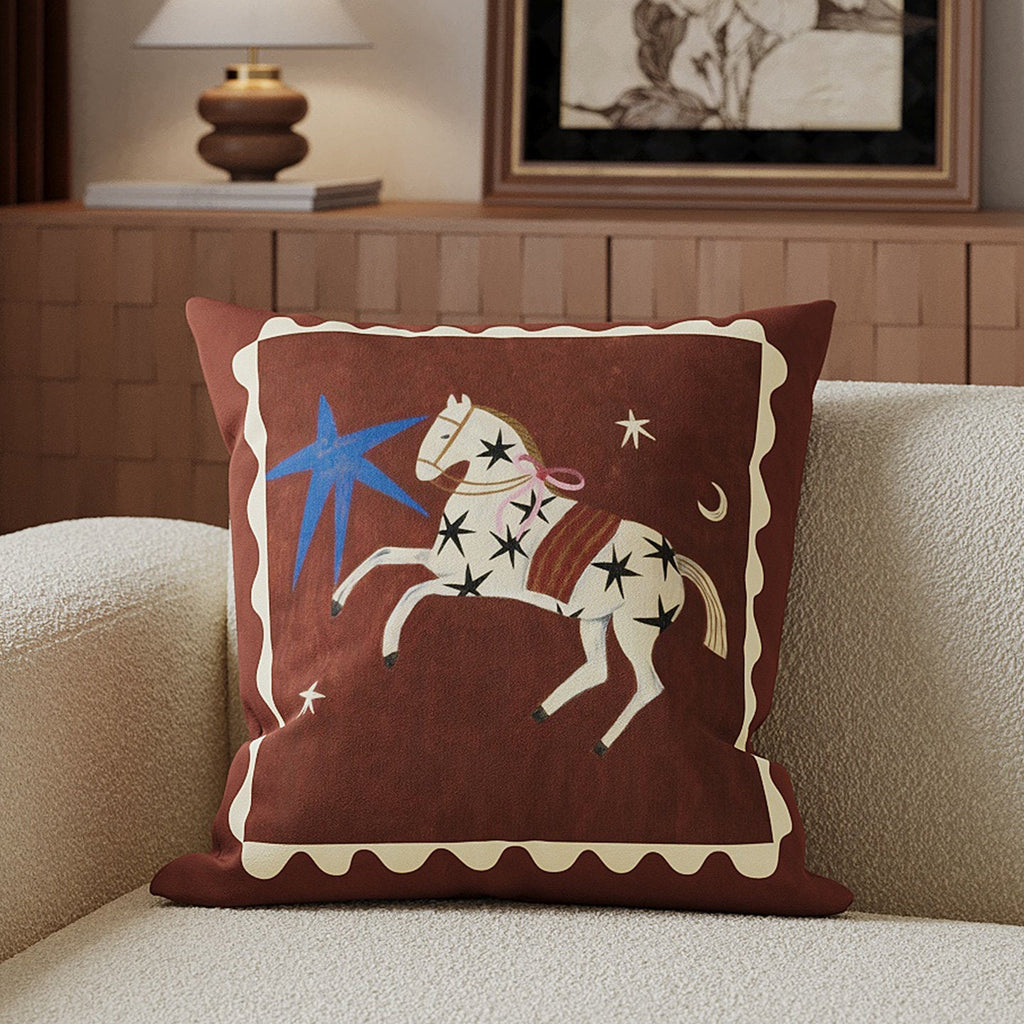 Decorative Cotton-Linen Horse-Illustration Square Throw Pillow Cover with Hidden Zip
