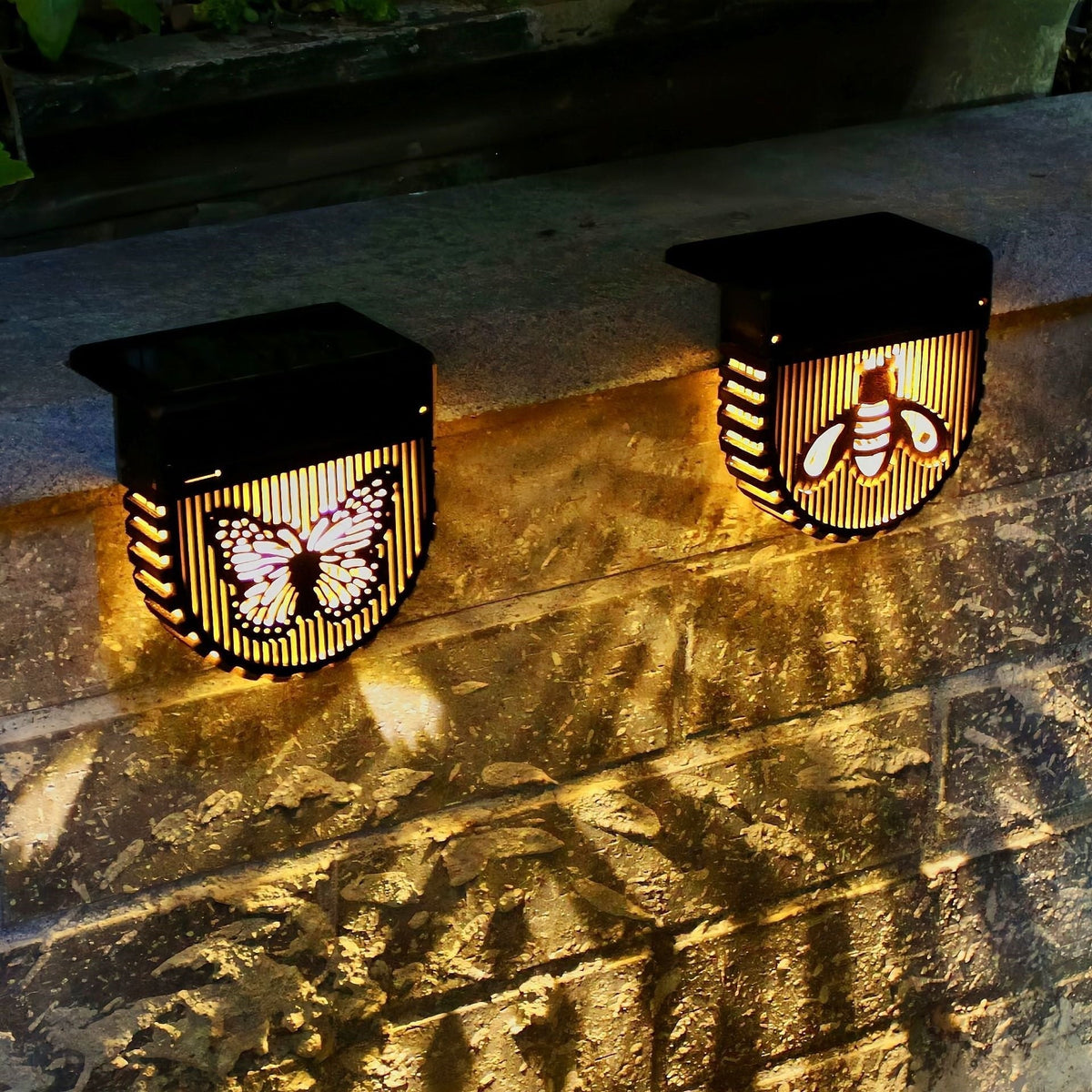 Decorative Solar-Powered Outdoor Wall Lanterns with Laser-Cut Insect and Floral Panels